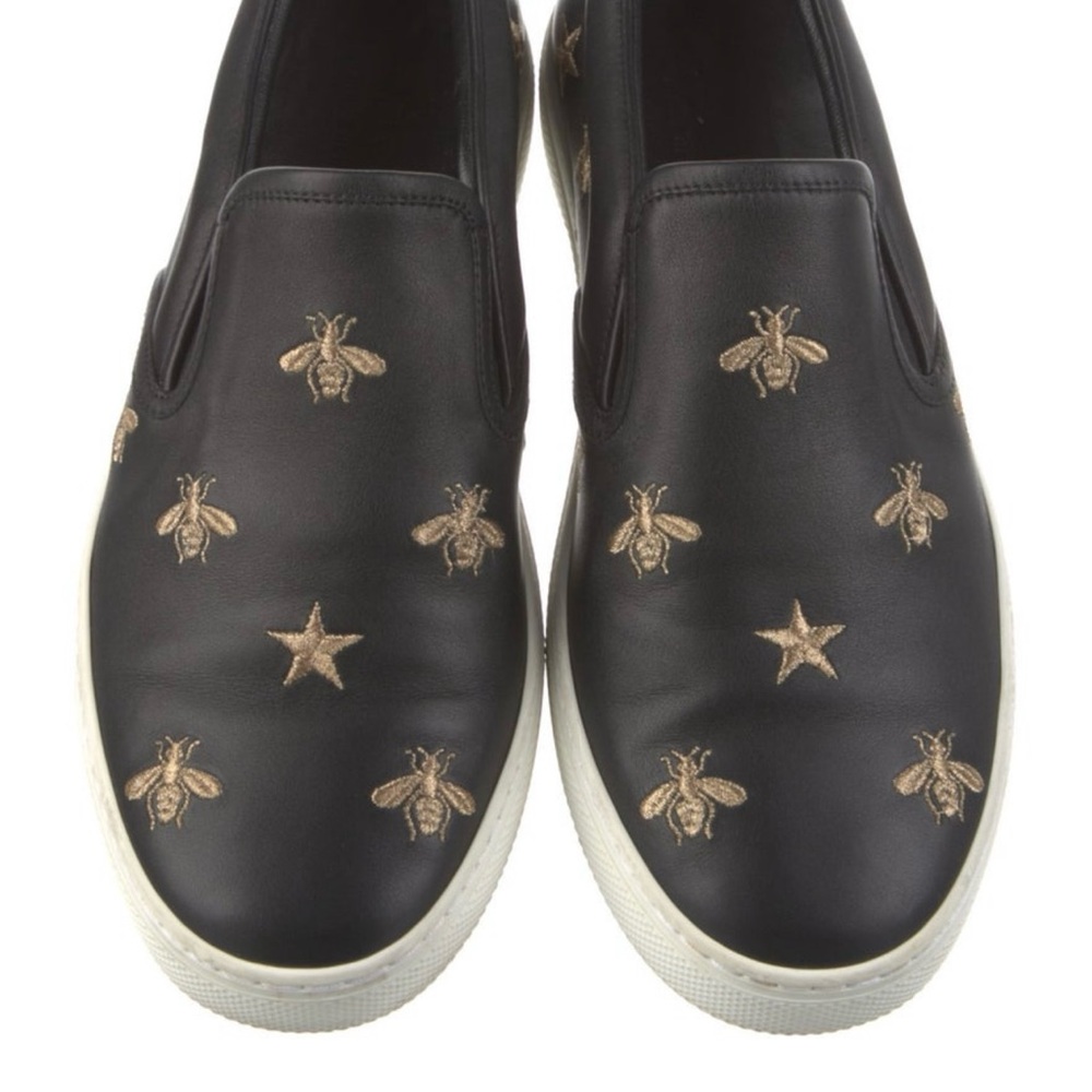 Black Leather Slip-On Shoes with Gold Embroidery